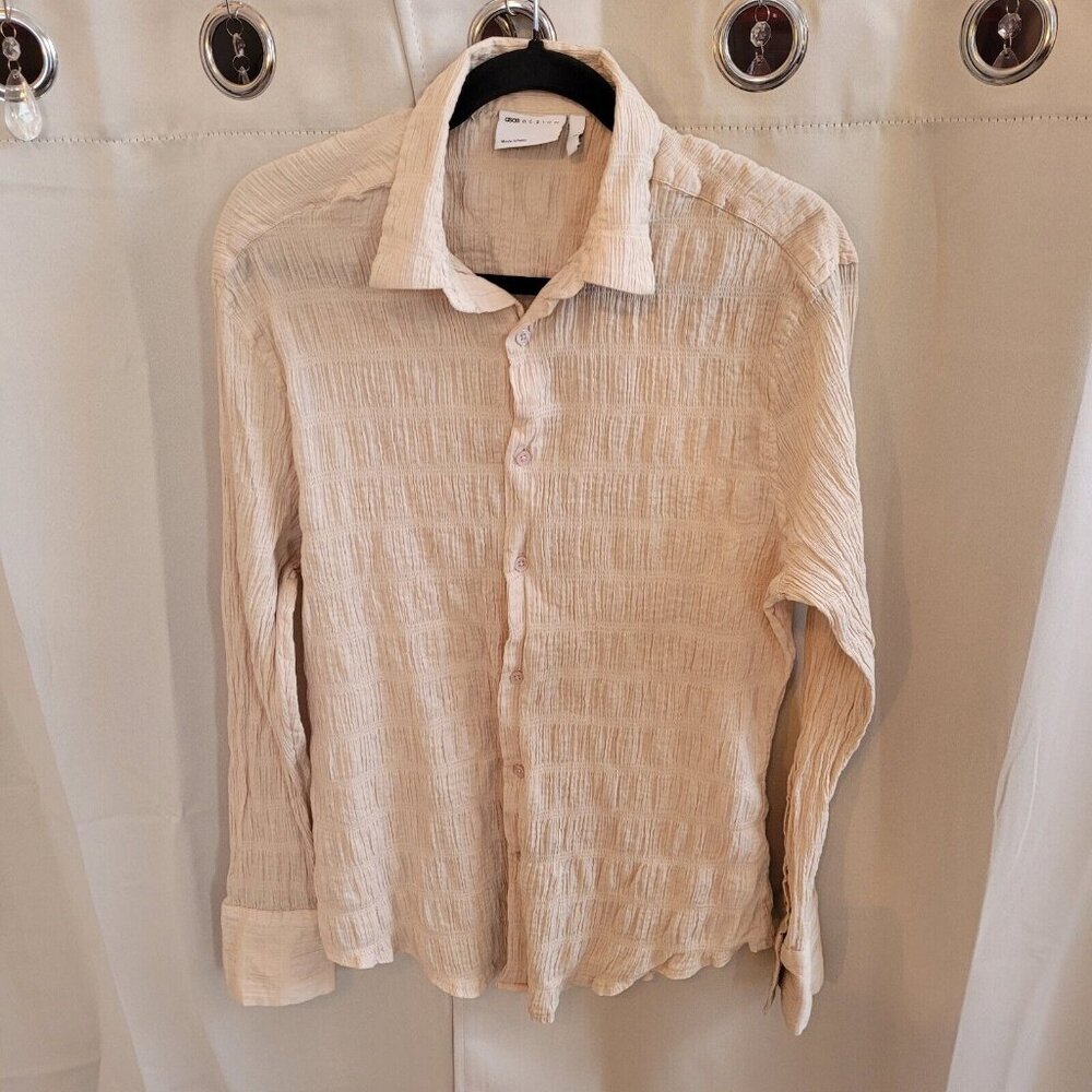 Asos Design Mens Shirt Large‎ Beige Super Skinny Button Up Retro Heritage 17305x